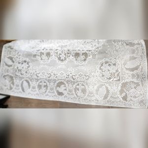 Religious white lace tablecloth 61in.x82in. Doves Crosses & praying hands